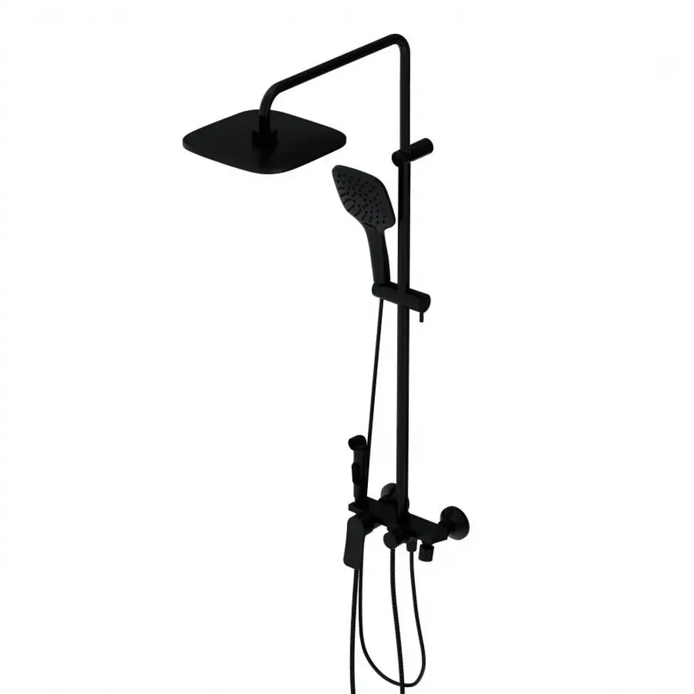 Фото Душевая система Damixa Apollo DX220920300 с тропическим душем со смесителем и полочкой, с гигиеническим душем цвет черный Фото Душевая система Damixa Apollo DX220920300 с тропическим душем со смесителем и полочкой, с гигиеническим душем цвет черный