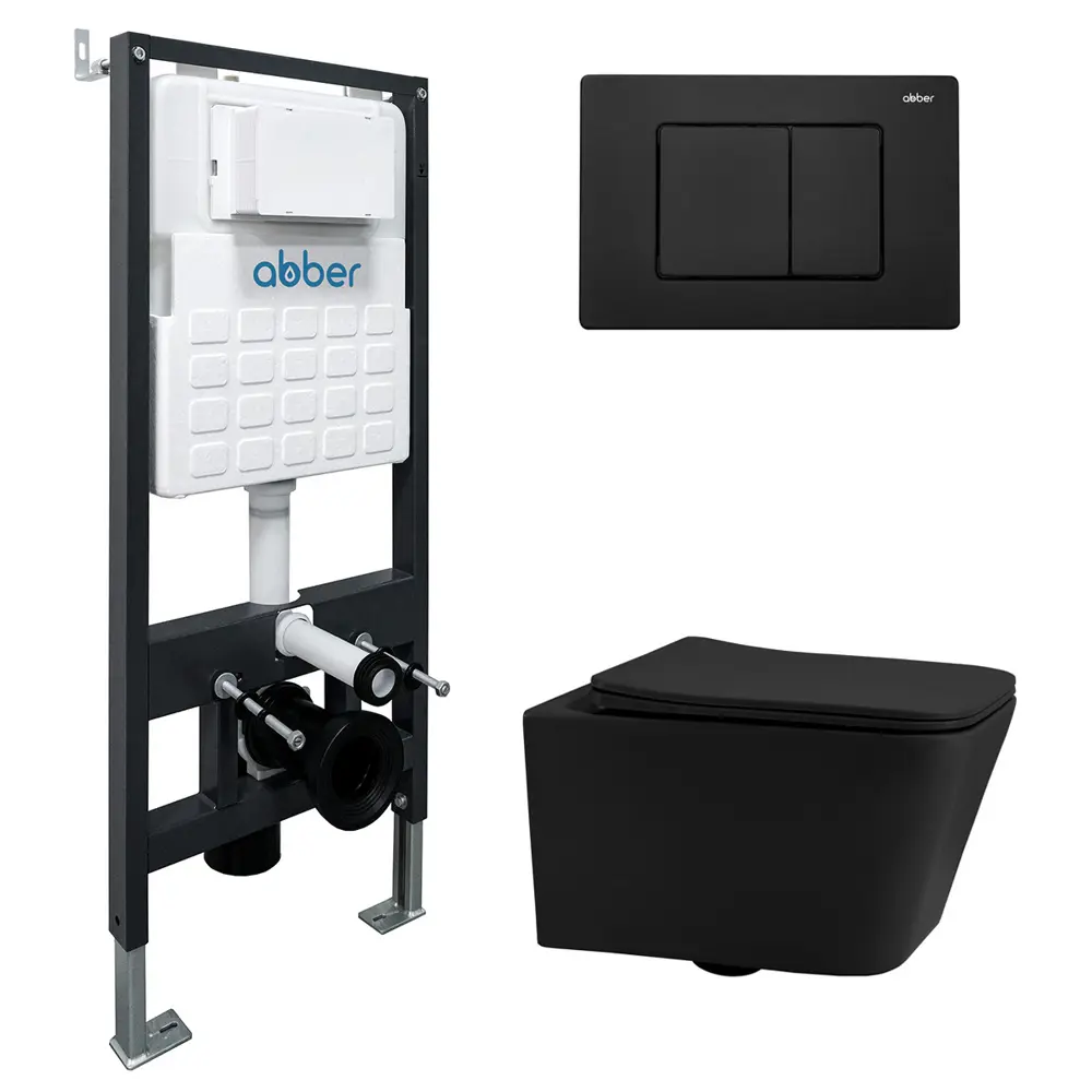 Фото Комплект подвесной унитаз Abber Rechteck AC1201MB черный матовый с инсталляцией AC0105 и кнопкой AC0120MB черный матовый Фото Комплект подвесной унитаз Abber Rechteck AC1201MB черный матовый с инсталляцией AC0105 и кнопкой AC0120MB черный матовый