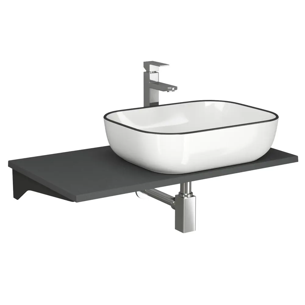 Фото Комплект BAUEDGE BF1560: столешница кварц 80 см с кроншт, серый раковина Stil Black Rand 50x40 черный кант, смеситель хром Hotel Stil, выпуск и сифон Фото Комплект BAUEDGE BF1560: столешница кварц 80 см с кроншт, серый раковина Stil Black Rand 50x40 черный кант, смеситель хром Hotel Stil, выпуск и сифон