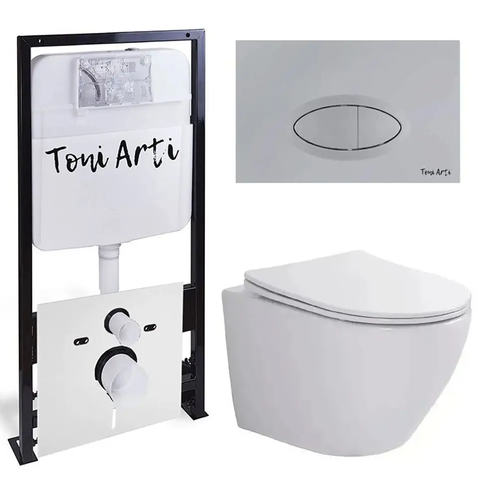 Фото Комплект инсталляция c безободковый унитазом TONI ARTI TA-01+TA-1900+TA-0050-АР Russi с клавишей Freto с сиденьем с микролифтом