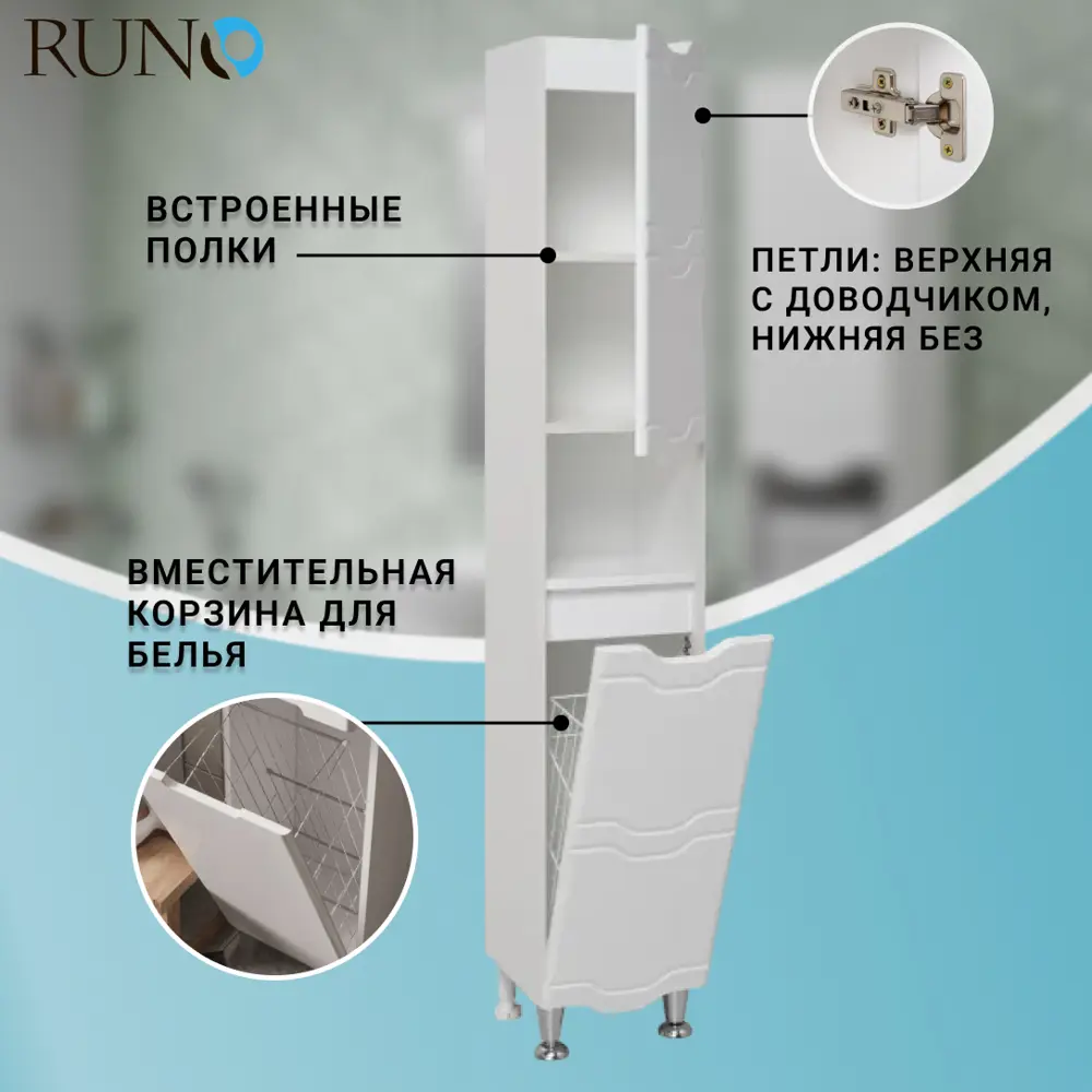 Фото 2 Пенал для ванной комнаты Runo Стиль 30 см правый с корзиной для белья напольный Фото 2 Пенал для ванной комнаты Runo Стиль 30 см правый с корзиной для белья напольный