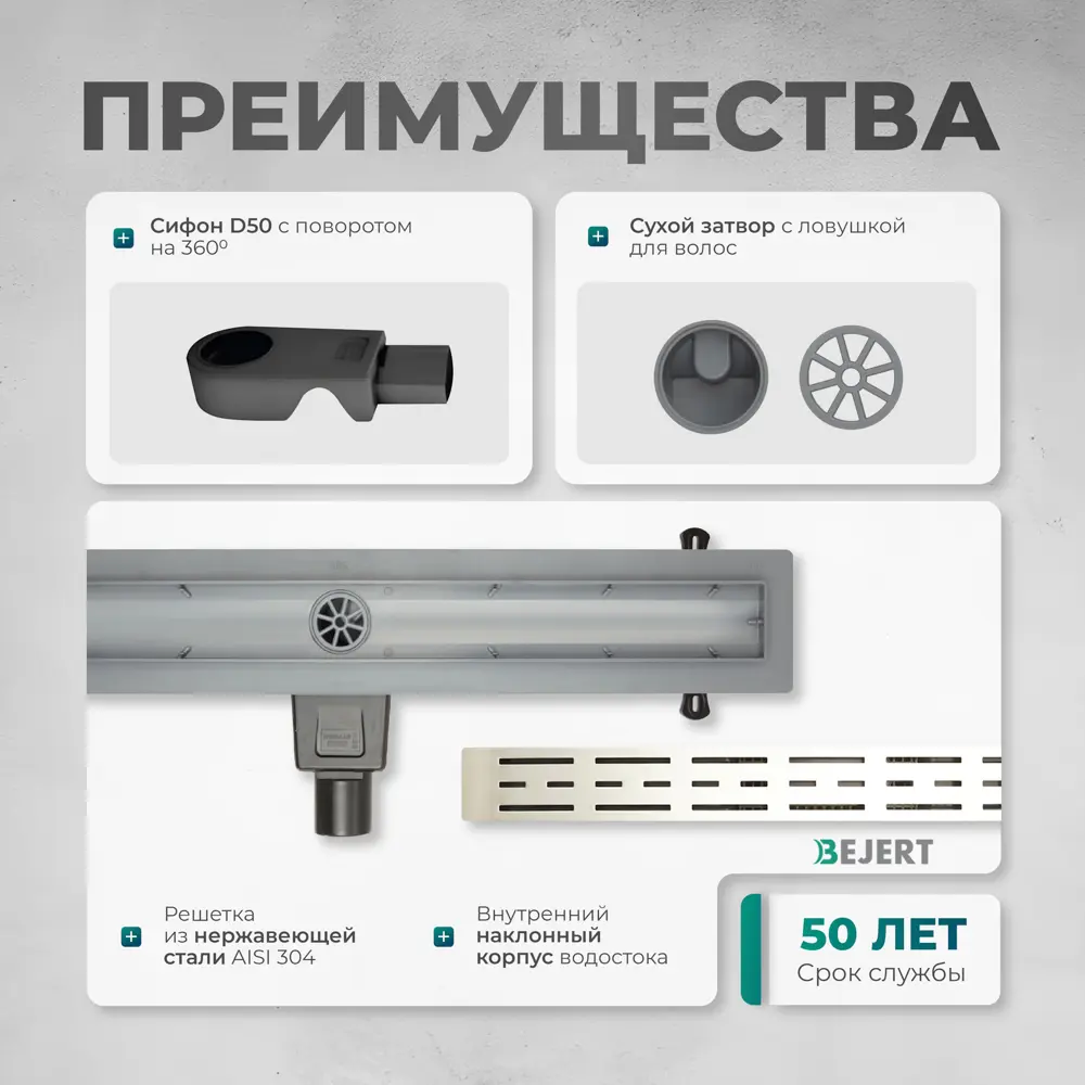 Фото 4 Трап для душа Bejert B716A190-01050-3 комбинированный затвор 11.2x90 см нержавеющая сталь Фото 4 Трап для душа Bejert B716A190-01050-3 комбинированный затвор 11.2x90 см нержавеющая сталь