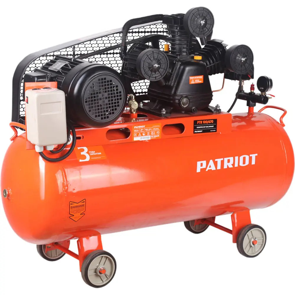 Фото Компрессор ременной масляный Patriot Ptr 100-670, 100 л, 670 л/мин Фото Компрессор ременной масляный Patriot Ptr 100-670, 100 л, 670 л/мин