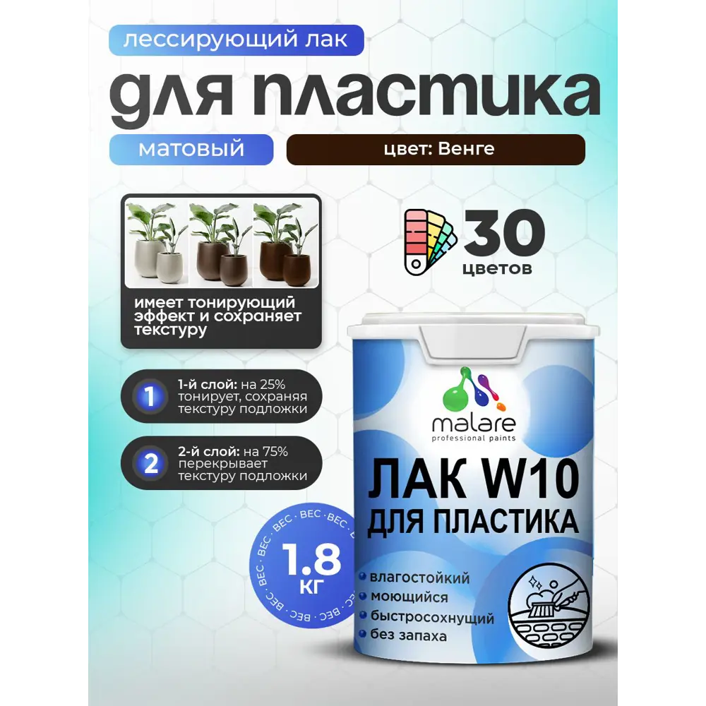Фото Лак для пластика тонирующий Malare Series W моющийся быстросохнущий матовый венге 1.8 кг Фото Лак для пластика тонирующий Malare Series W моющийся быстросохнущий матовый венге 1.8 кг