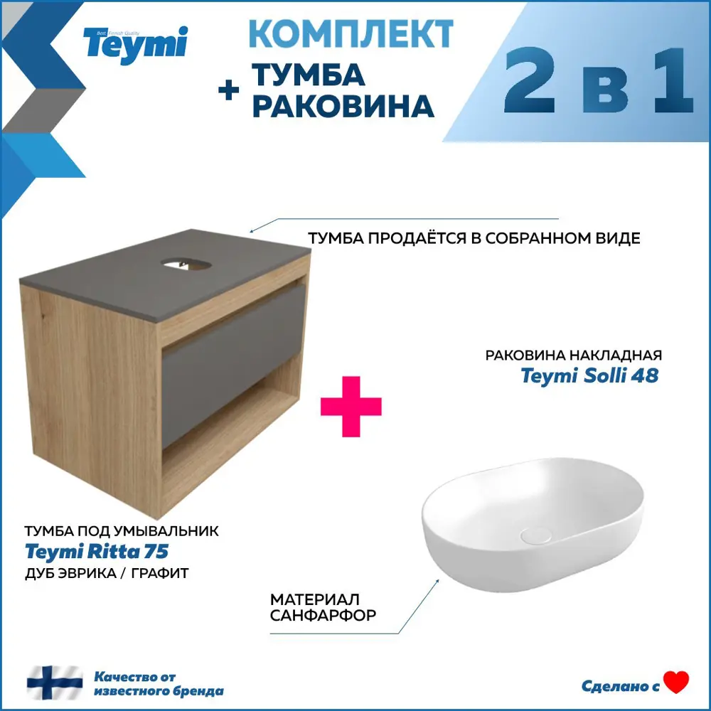 Фото 3 Комплект тумба под раковину Teymi Ritta 75 дуб эврика/графит матовый и раковина Solli 48 F03424 Фото 3 Комплект тумба под раковину Teymi Ritta 75 дуб эврика/графит матовый и раковина Solli 48 F03424