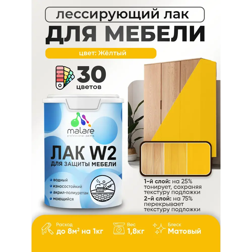 Фото Лак для мебели дерева и минеральных поверхностей тонирующий Malare Series W матовый желтый 1.8 кг Фото Лак для мебели дерева и минеральных поверхностей тонирующий Malare Series W матовый желтый 1.8 кг