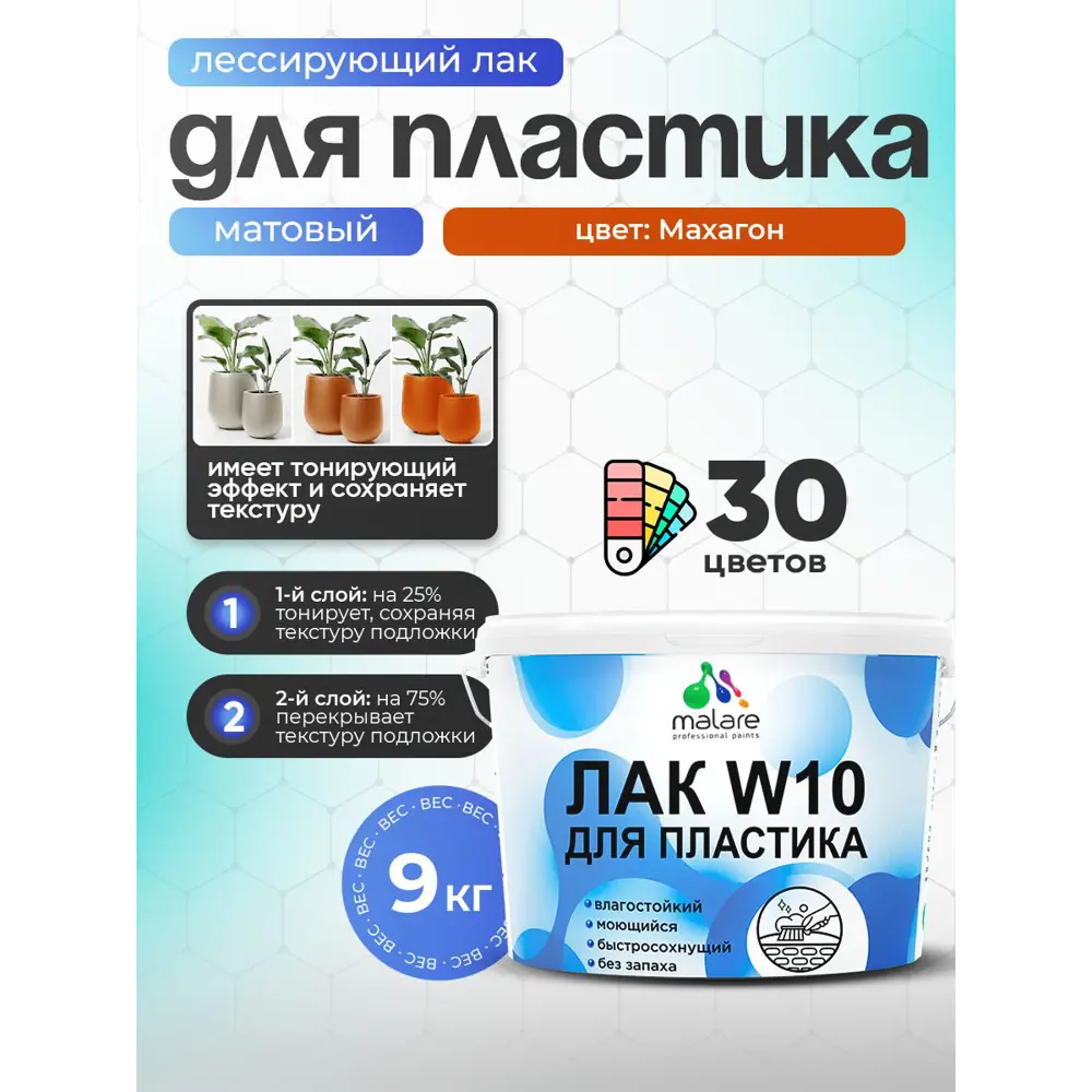 Фото Лак для пластика тонирующий Malare Series W моющийся быстросохнущий матовый махагон 9 кг Фото Лак для пластика тонирующий Malare Series W моющийся быстросохнущий матовый махагон 9 кг