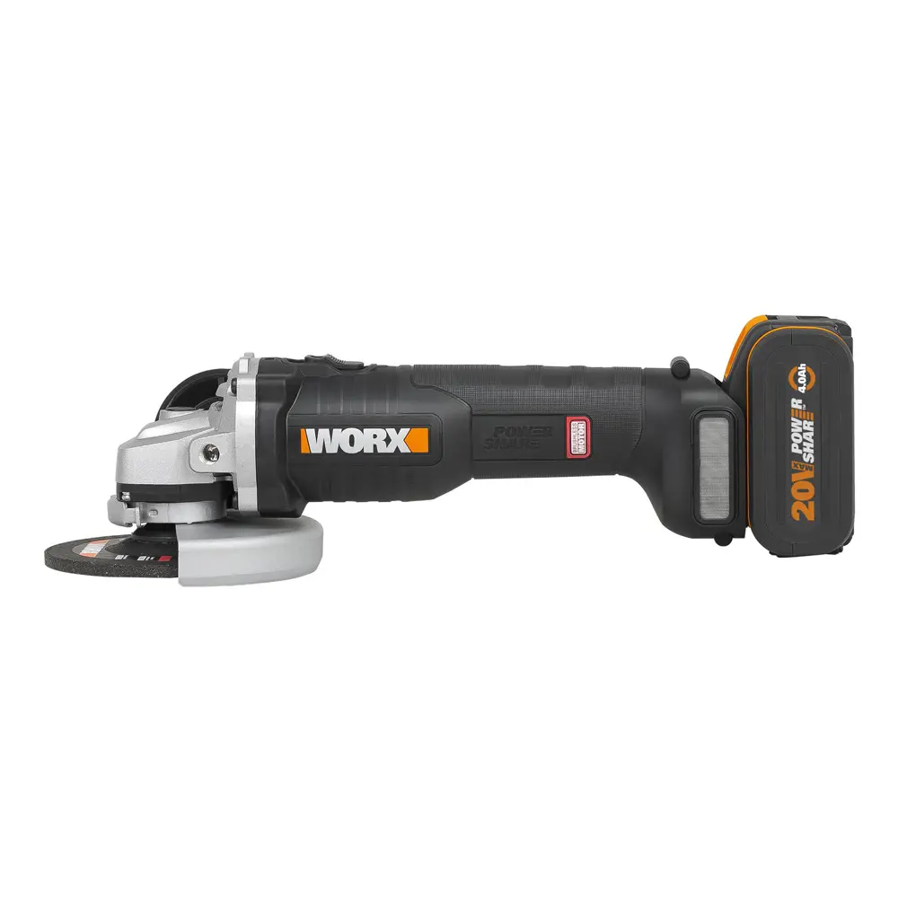 Фото Аккумуляторная угловая шлифовальная машина Worx WX812, 125мм, 20В, бесщеточная, 4 Ач х1, ЗУ 2А, кейс Фото Аккумуляторная угловая шлифовальная машина Worx WX812, 125мм, 20В, бесщеточная, 4 Ач х1, ЗУ 2А, кейс