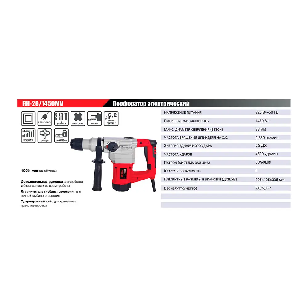 Фото 2 Перфоратор сетевой SDS Plus Edon RH-28/1450MV, 1450 Вт, 6.2 Дж Фото 2 Перфоратор сетевой SDS Plus Edon RH-28/1450MV, 1450 Вт, 6.2 Дж