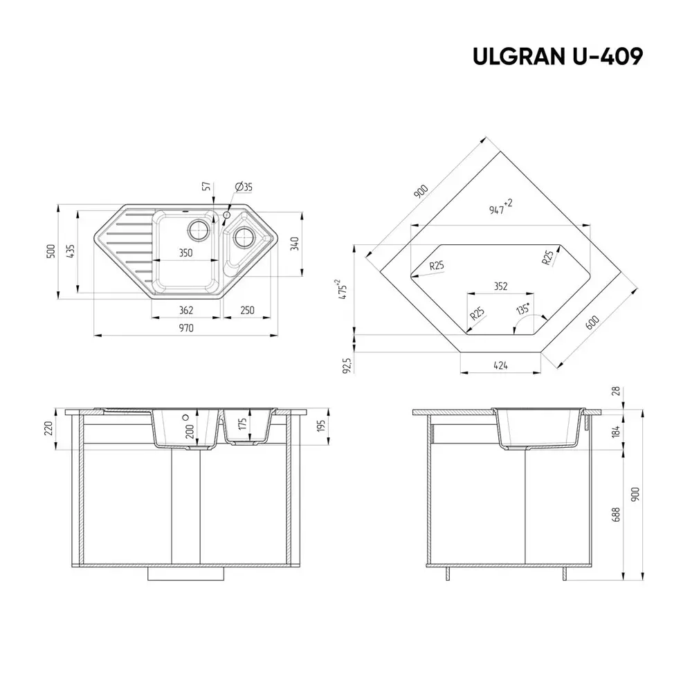 Фото 3 Мойка для кухни Ulgran U-409-344 цвет черный Фото 3 Мойка для кухни Ulgran U-409-344 цвет черный
