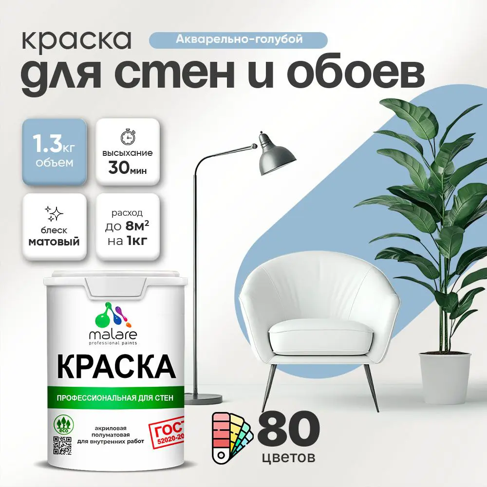 Фото Краска для стен Malare Professional без запаха матовая цвет акварельно-голубой 1л