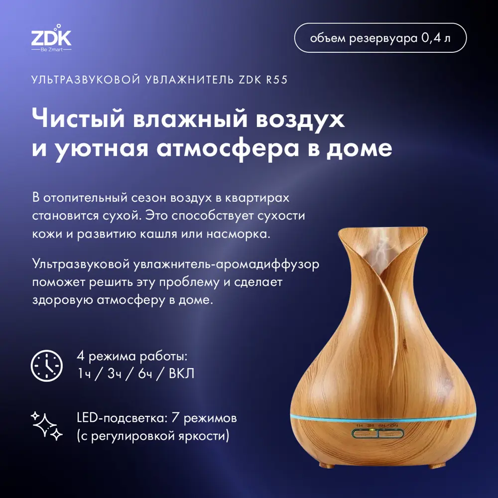 Фото 2 Увлажнитель воздуха ультразвуковой ZDK R55 light wood 500 мл с подсветкой и аромадиффузором цвет темно-коричневый Фото 2 Увлажнитель воздуха ультразвуковой ZDK R55 light wood 500 мл с подсветкой и аромадиффузором цвет темно-коричневый