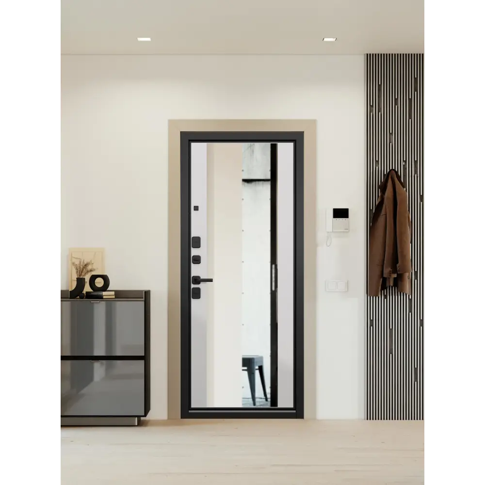 Фото 3 Входная дверь Unicorn Loft левый 205x86см цвет черный муар металлик/белый ларче с зеркалом