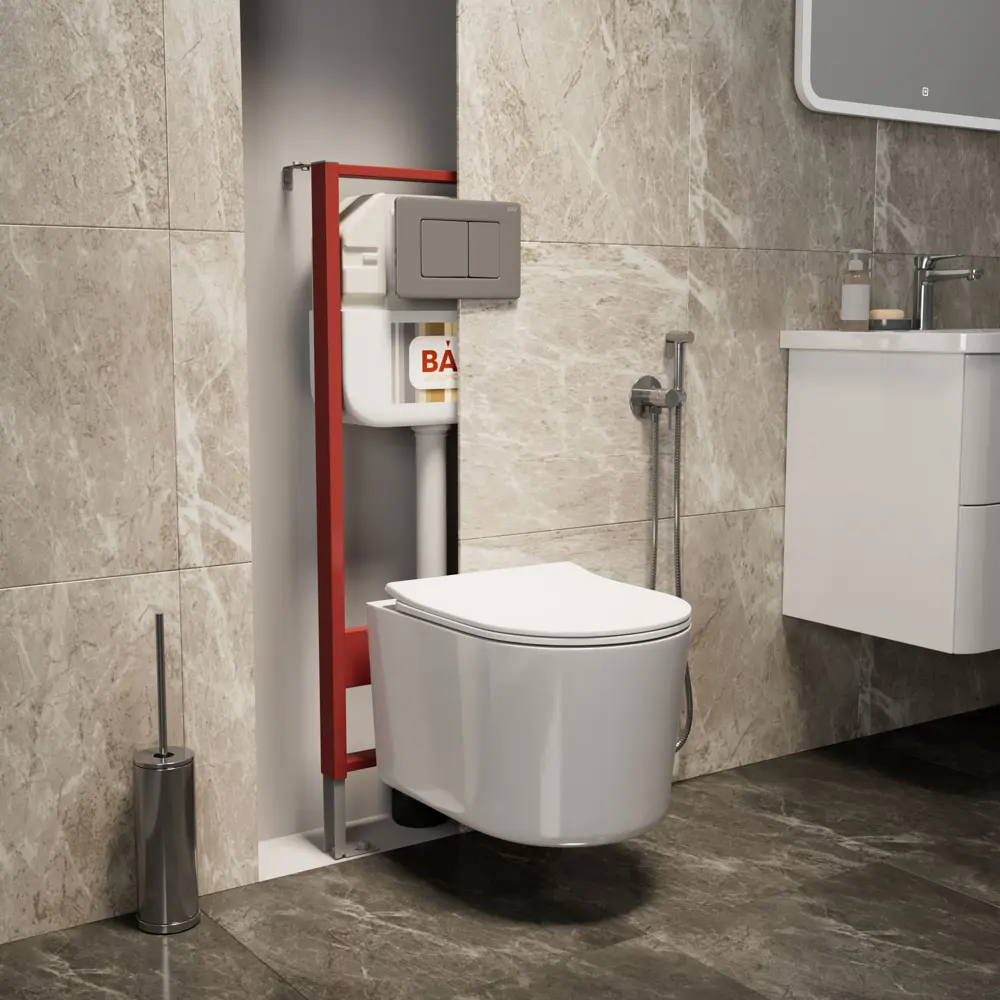 Фото Комплект BAUEDGE NEO45700-NM0003-PRO-Q00017 6 в 1: инсталляция 45, унитаз безободковый Hotel PRO, сиденье, кнопка Stil Gun Grey,, темно-серый Фото Комплект BAUEDGE NEO45700-NM0003-PRO-Q00017 6 в 1: инсталляция 45, унитаз безободковый Hotel PRO, сиденье, кнопка Stil Gun Grey,, темно-серый