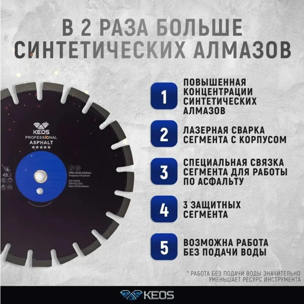 Фото 3 Диск алмазный по асфальту Keos DBA02.350 с сегментированной кромкой 350x25.4x3.2 мм Фото 3 Диск алмазный по асфальту Keos DBA02.350 с сегментированной кромкой 350x25.4x3.2 мм
