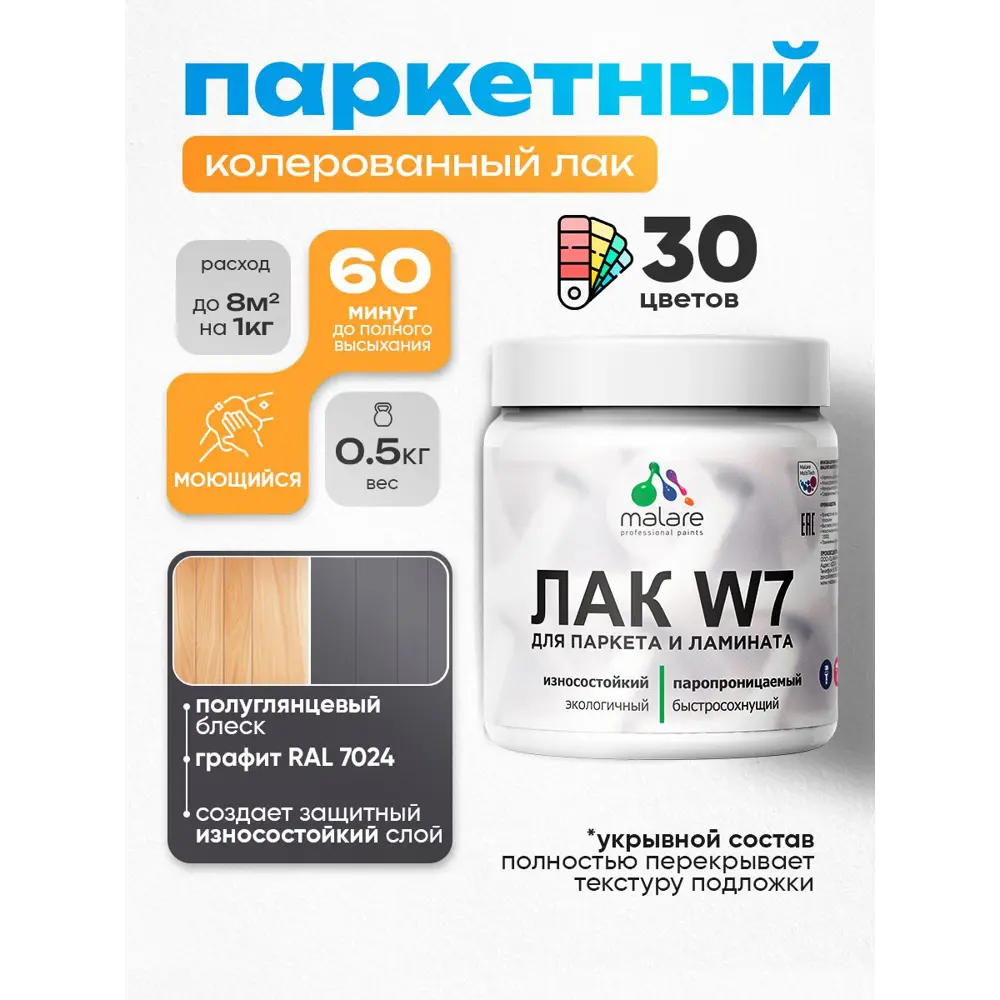 Фото Лак паркетный укрывной Malare Series W износостойкий без запаха полуглянцевый RAL 7024 графит 0.5 кг Фото Лак паркетный укрывной Malare Series W износостойкий без запаха полуглянцевый RAL 7024 графит 0.5 кг