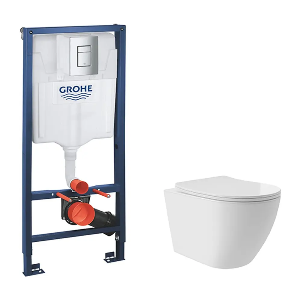 Фото Инсталляция GROHE Rapid SL стандартная с клавишей хром и унитаз подвесной безободковый ADT Long 52x36.5 Vortex микролифт белый глянцевый овал Фото Инсталляция GROHE Rapid SL стандартная с клавишей хром и унитаз подвесной безободковый ADT Long 52x36.5 Vortex микролифт белый глянцевый овал