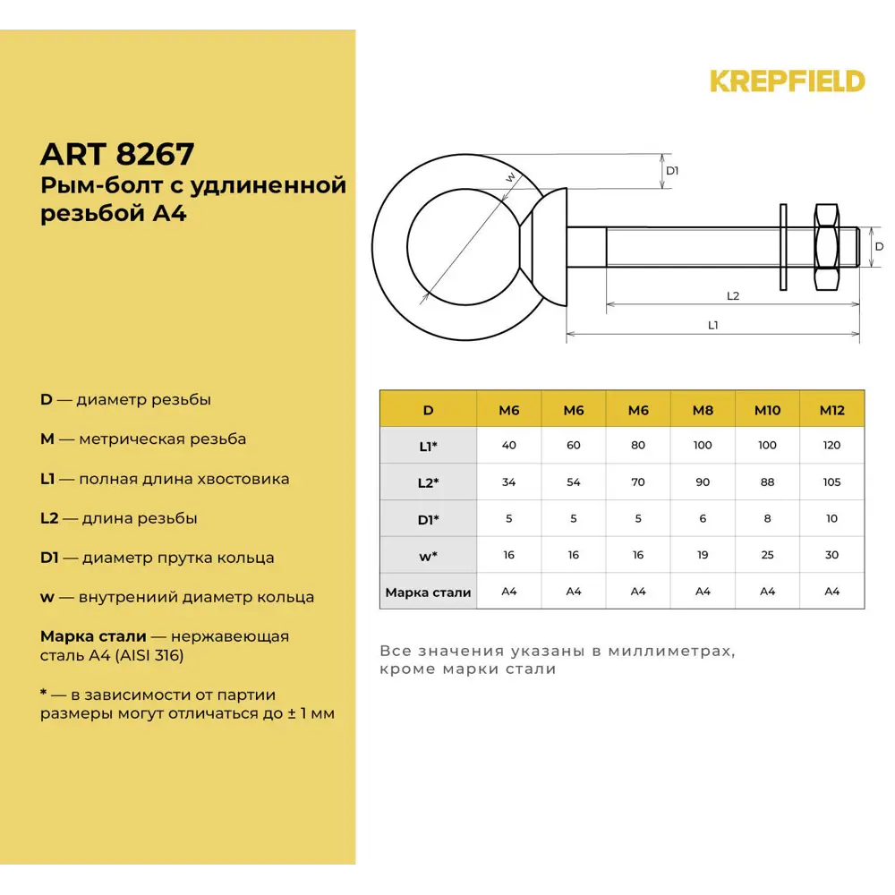 Фото 3 Рым-болт нержавеющий Krepfield М12X120 ART 8267 А4 2 шт.