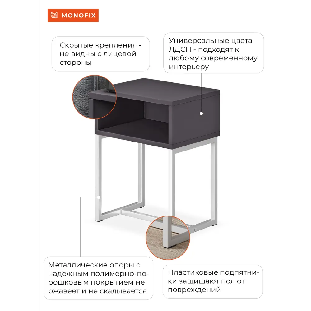 Фото 3 Тумба прикроватная Monofix 40x52x30 см 1 ящик ЛДСП цвет белый/графит Фото 3 Тумба прикроватная Monofix 40x52x30 см 1 ящик ЛДСП цвет белый/графит