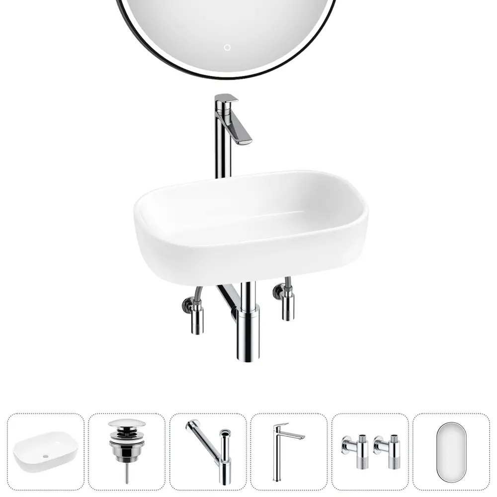 Фото Раковина накладная для ванной Lavinia Boho Bathroom Sink 20217447R с донным клапаном, сифоном, смесителем, вентилями и зеркалом Фото Раковина накладная для ванной Lavinia Boho Bathroom Sink 20217447R с донным клапаном, сифоном, смесителем, вентилями и зеркалом