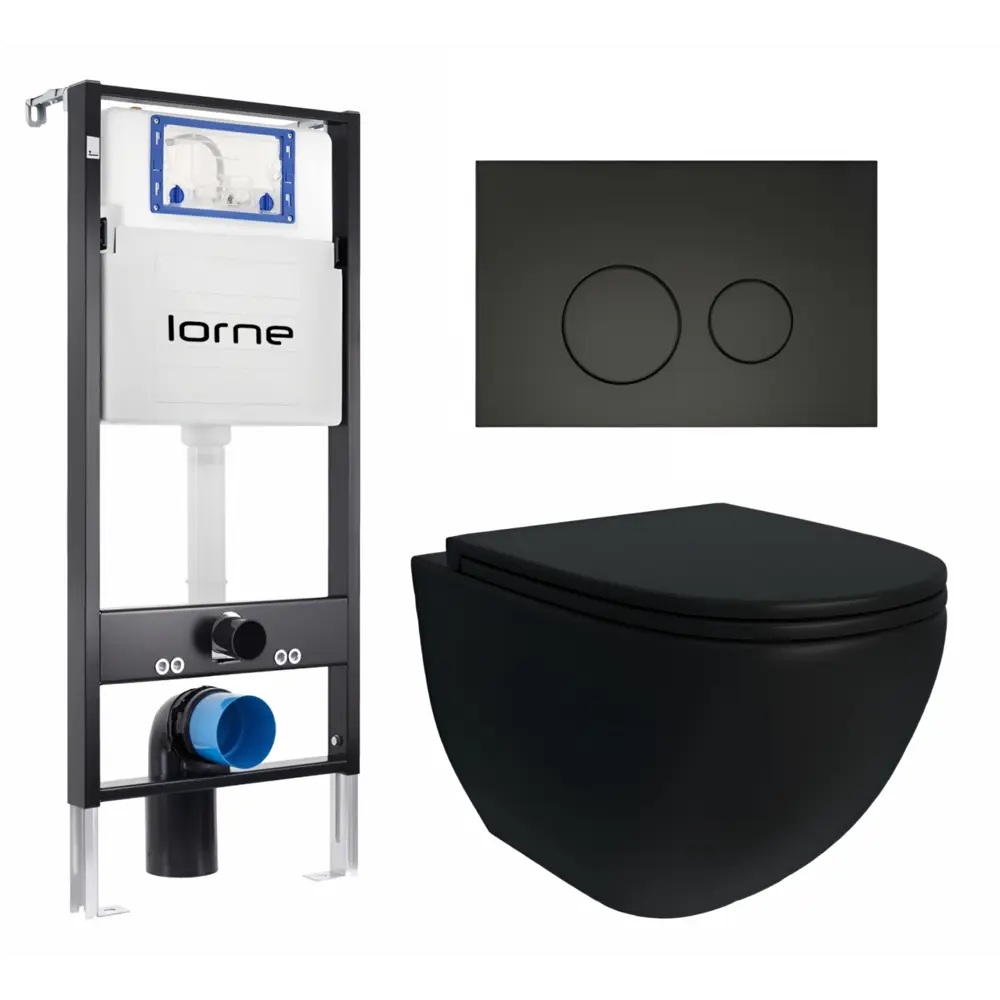 Фото Комплект 3 в 1 инсталляция Lorne Profi LN7002500 630213 с унитазом подвесным Enio Unico BL EN4105055, кнопка черная матовая Ronde Фото Комплект 3 в 1 инсталляция Lorne Profi LN7002500 630213 с унитазом подвесным Enio Unico BL EN4105055, кнопка черная матовая Ronde
