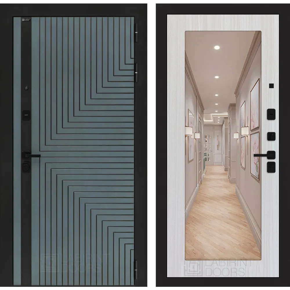 Фото Входная дверь Labirintdoors Кредор правый 205x96см цвет серо-зеленый с патиной/сандал белый с зеркалом П18 Фото Входная дверь Labirintdoors Кредор правый 205x96см цвет серо-зеленый с патиной/сандал белый с зеркалом П18