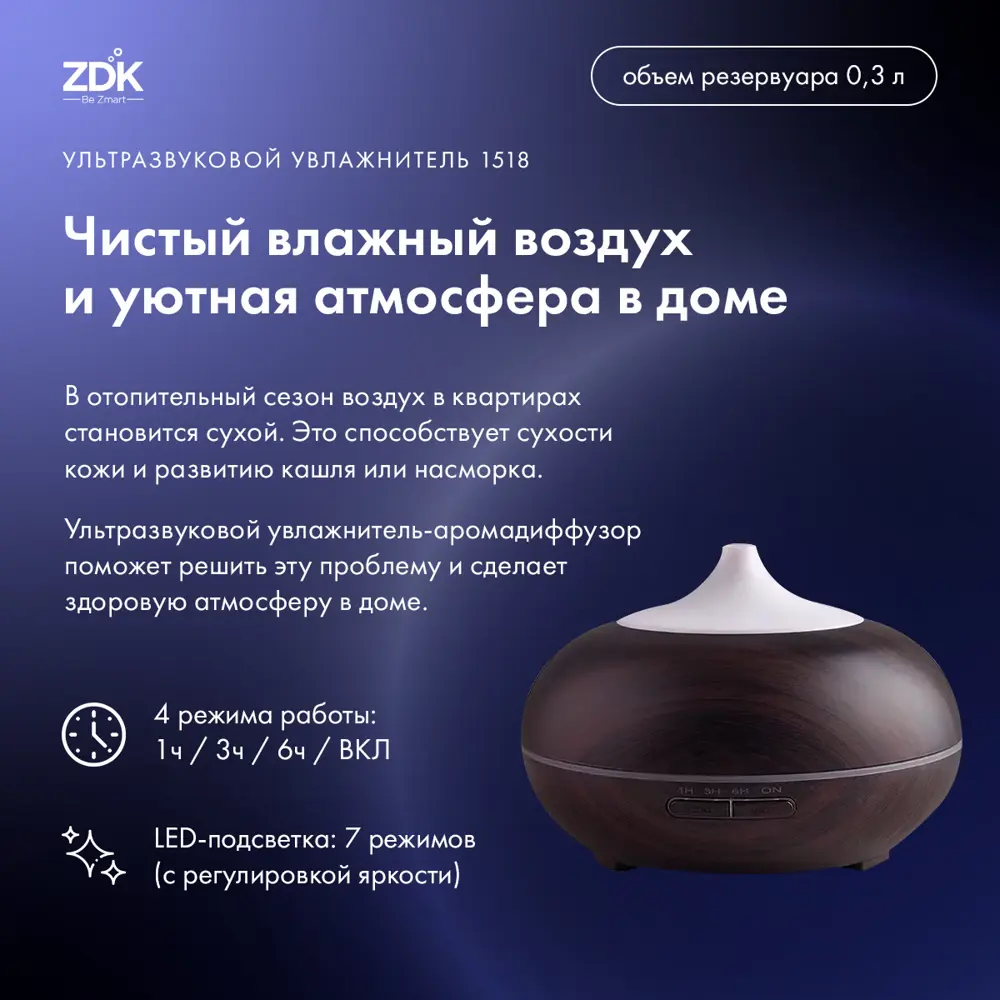 Фото 2 Увлажнитель воздуха ультразвуковой ZDK R1518 300 мл с аромадиффузором цвет темно-коричневый Фото 2 Увлажнитель воздуха ультразвуковой ZDK R1518 300 мл с аромадиффузором цвет темно-коричневый