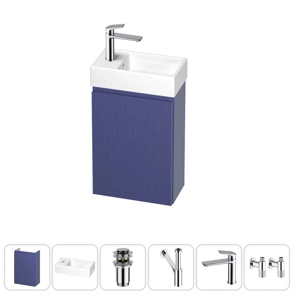 Фото Тумба с раковиной подвесная Wellsee WC Area 20216895R с донным клапаном, сифоном, смесителем и вентилями цвет синий