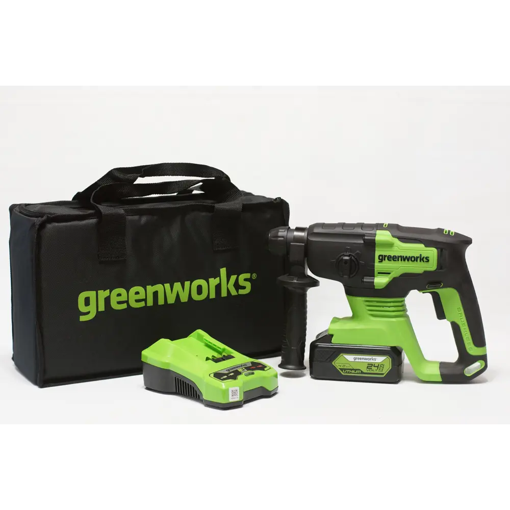 Фото Перфоратор аккумуляторный бесщеточный SDS Plus Greenworks GD24SDS2, 24 В Li-Ion 1x4 Ач, 2 Дж Фото Перфоратор аккумуляторный бесщеточный SDS Plus Greenworks GD24SDS2, 24 В Li-Ion 1x4 Ач, 2 Дж