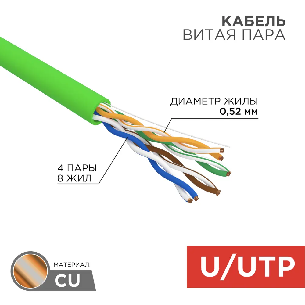 Фото Кабель витая пара Rexant U/UTP Cat 5е PVC нг(А)-LSLTx 4x2x052мм 24AWG indoor solid 305 м цвет зеленый Фото Кабель витая пара Rexant U/UTP Cat 5е PVC нг(А)-LSLTx 4x2x052мм 24AWG indoor solid 305 м цвет зеленый