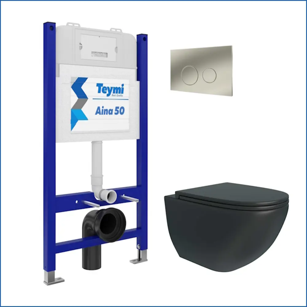 Фото 2 Комплект инсталляция с унитазом Teymi 5 в 1 F13521: унитаз подвесной безободковый черный Lina S Black кнопка нержавеющая сталь Фото 2 Комплект инсталляция с унитазом Teymi 5 в 1 F13521: унитаз подвесной безободковый черный Lina S Black кнопка нержавеющая сталь