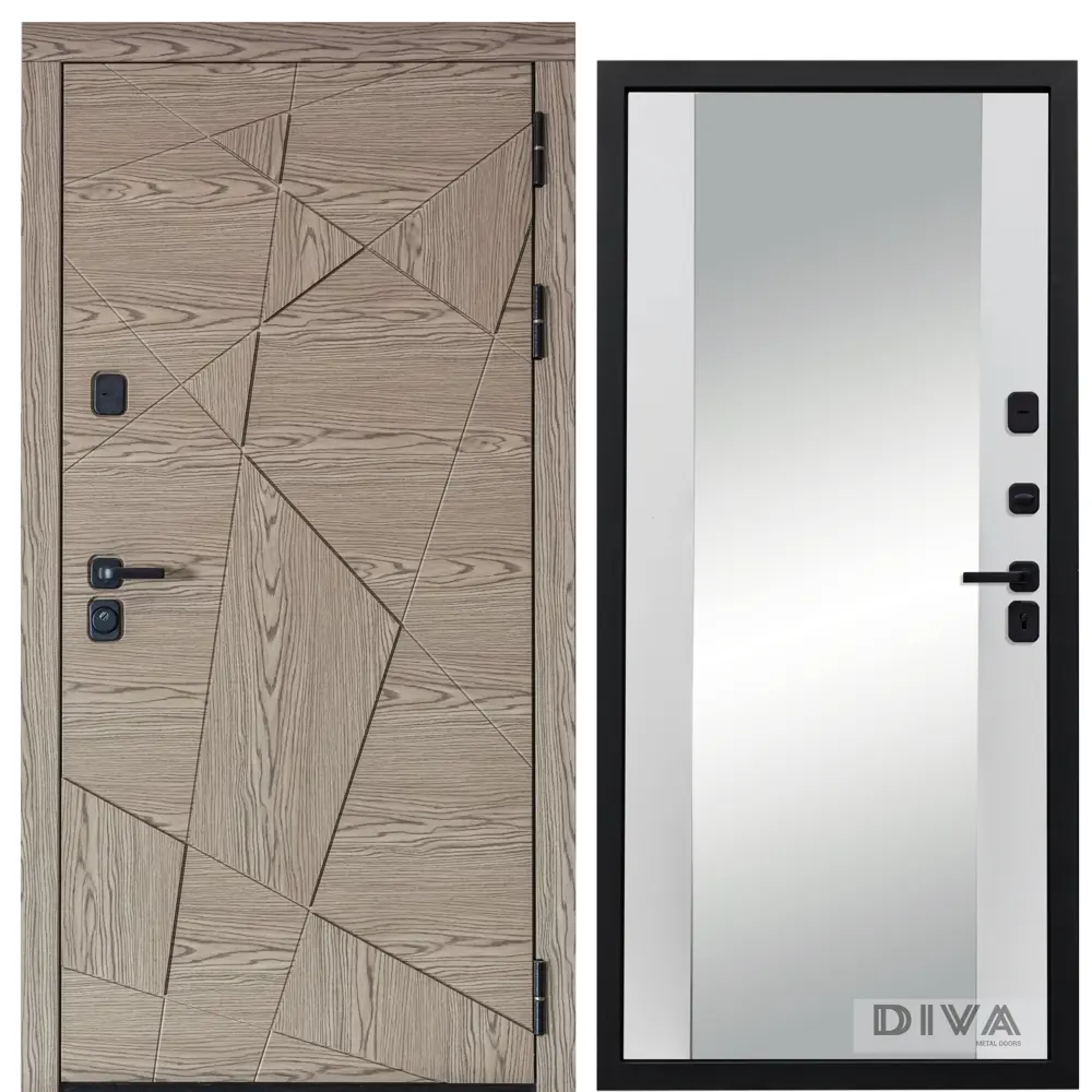 Фото Входная дверь Diva 97/1 205x86см правый цвет Д15 белый софт/дуб натуральный с зеркалом Фото Входная дверь Diva 97/1 205x86см правый цвет Д15 белый софт/дуб натуральный с зеркалом