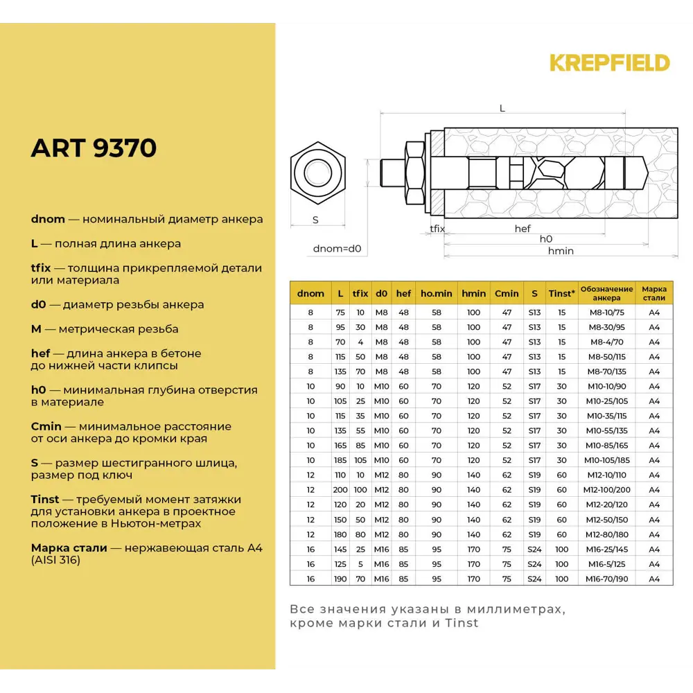 Фото 3 Анкер распорный Krepfield сталь M10-85/165 ART 9370 А4 10 шт. Фото 3 Анкер распорный Krepfield сталь M10-85/165 ART 9370 А4 10 шт.