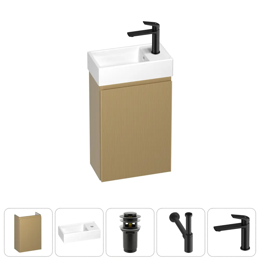Фото Тумба с раковиной подвесная Wellsee WC Area 20216869R с донным клапаном, сифоном и смесителем цвет бежевый Фото Тумба с раковиной подвесная Wellsee WC Area 20216869R с донным клапаном, сифоном и смесителем цвет бежевый