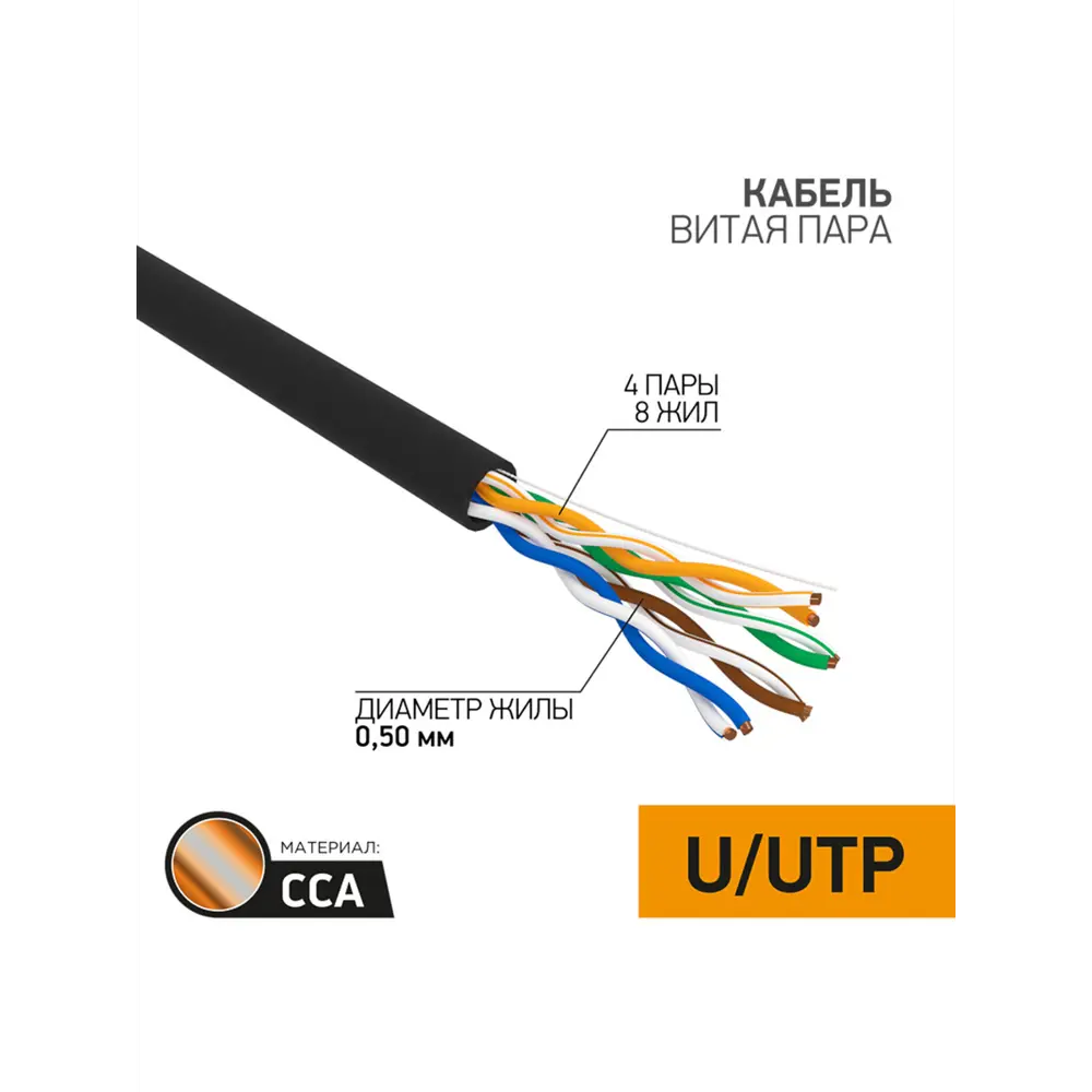 Фото 3 Кабель витая пара PROconnect омедненный U/UTP CAT 5e PE 4PR 24AWG outdoor solid черный 305 м Фото 3 Кабель витая пара PROconnect омедненный U/UTP CAT 5e PE 4PR 24AWG outdoor solid черный 305 м