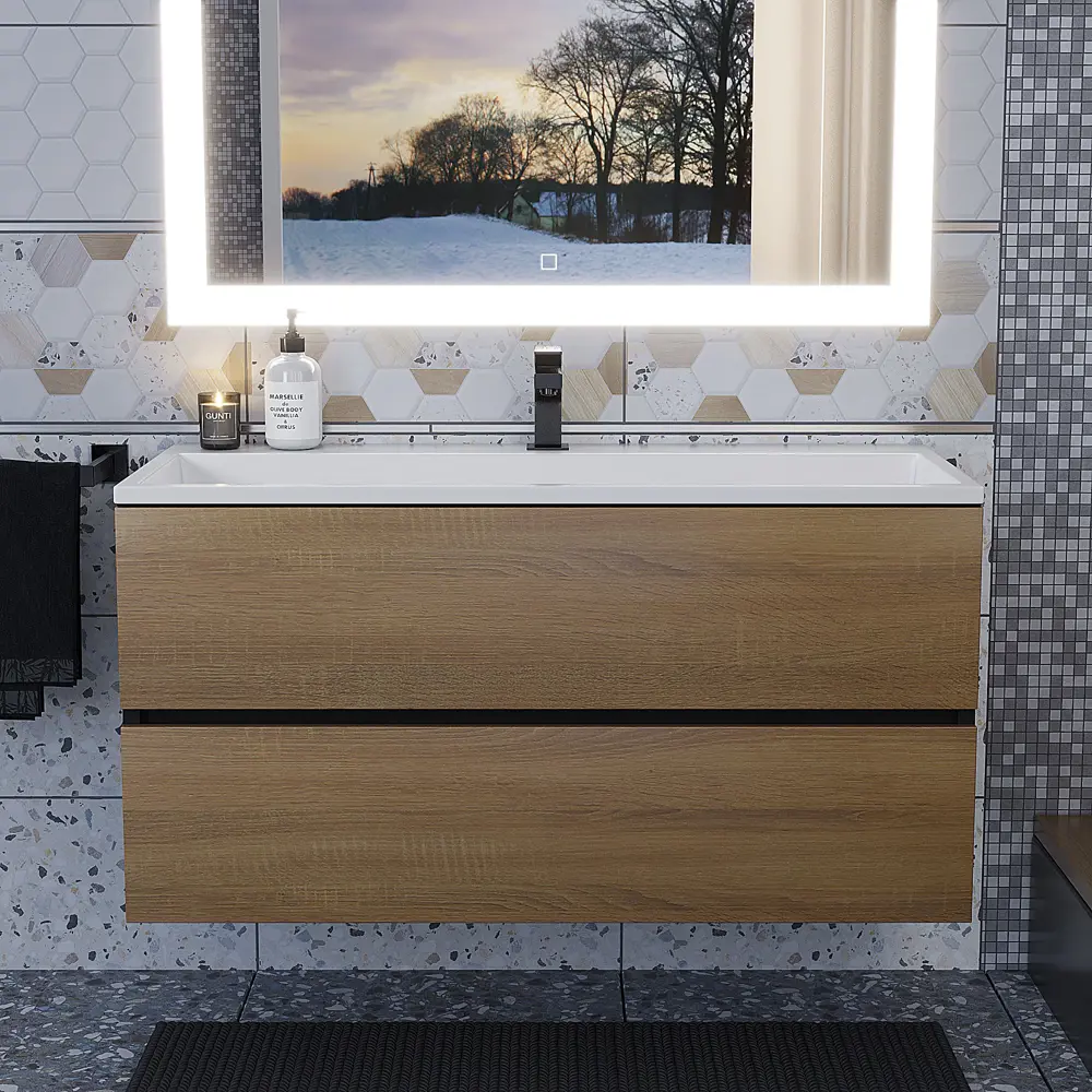 Фото 3 Тумба с раковиной для ванной подвесная Uperwood Barsa 100x45x57 см черная/дуб сонома раковина белая Фото 3 Тумба с раковиной для ванной подвесная Uperwood Barsa 100x45x57 см черная/дуб сонома раковина белая