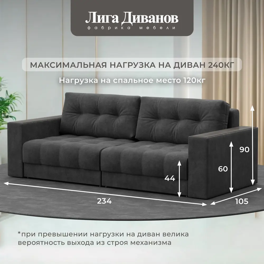 Фото Диван раскладной Лига диванов 234x90x105 см велюр цвет brut 16 темно-серый Фото Диван раскладной Лига диванов 234x90x105 см велюр цвет brut 16 темно-серый