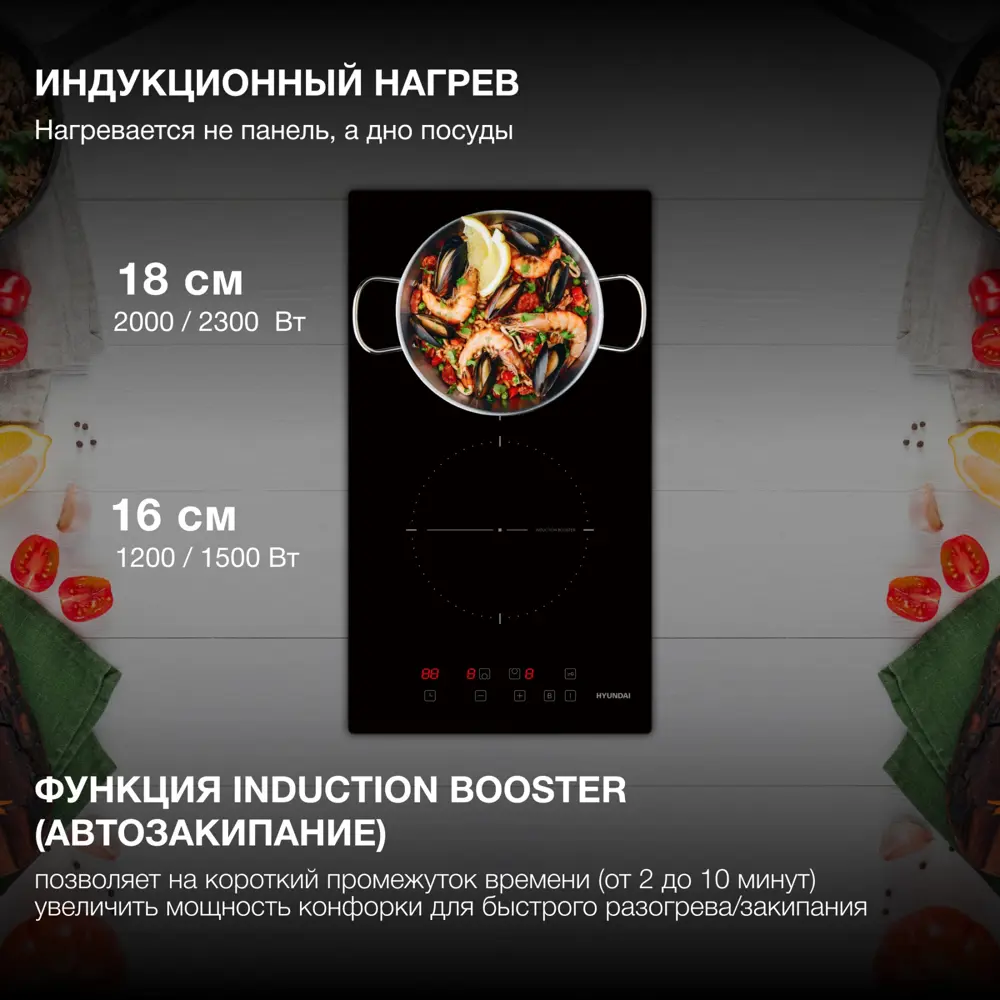 Фото 7 Индукционная варочная панель Hyundai 2023464 30 см 2 конфорки цвет черный Фото 7 Индукционная варочная панель Hyundai 2023464 30 см 2 конфорки цвет черный