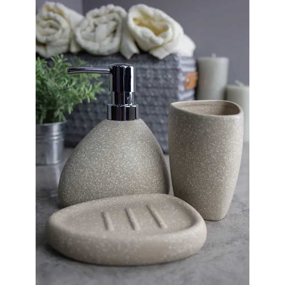 Фото 2 Комплект настольный Bath Plus Sabbia SET3: дозатор для жидкого мыла, мыльница, стакан для зубных щеток Фото 2 Комплект настольный Bath Plus Sabbia SET3: дозатор для жидкого мыла, мыльница, стакан для зубных щеток