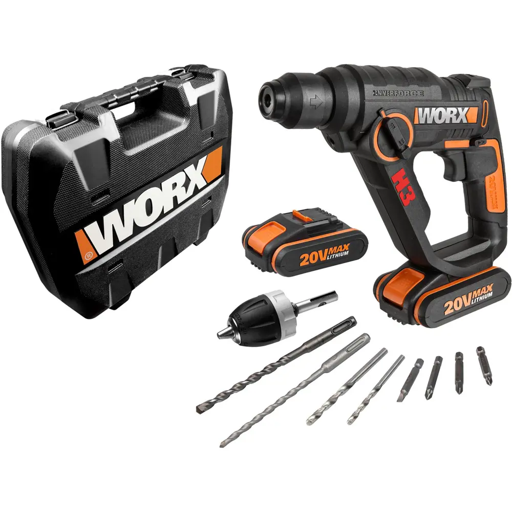 Фото Перфоратор аккумуляторный SDS Plus Worx WX390.1, 20 В Li-Ion 2x2 Ач, 1.2 Дж Фото Перфоратор аккумуляторный SDS Plus Worx WX390.1, 20 В Li-Ion 2x2 Ач, 1.2 Дж