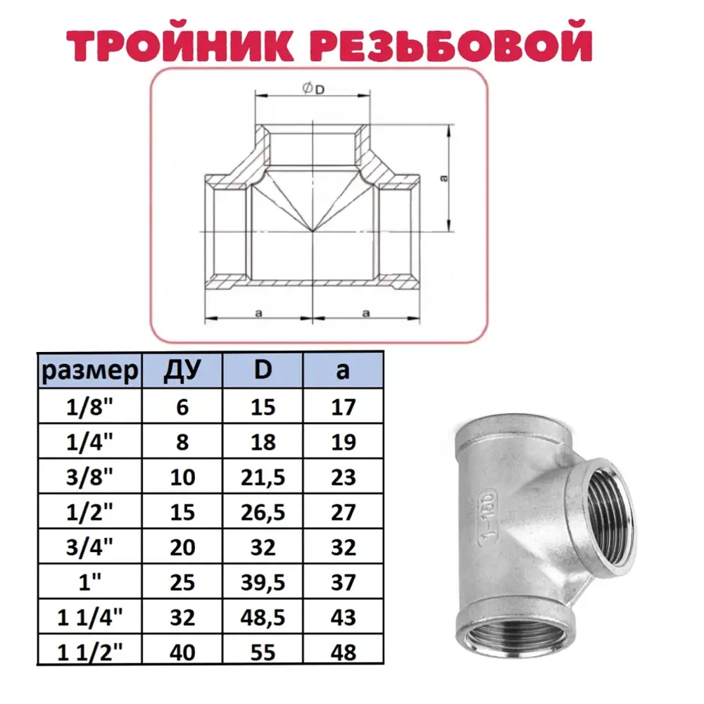 Фото 4 Тройник Ifitting 1/2"x1/2"x1/2" ВР нержавеющая сталь MG-DTF15/4 Фото 4 Тройник Ifitting 1/2"x1/2"x1/2" ВР нержавеющая сталь MG-DTF15/4