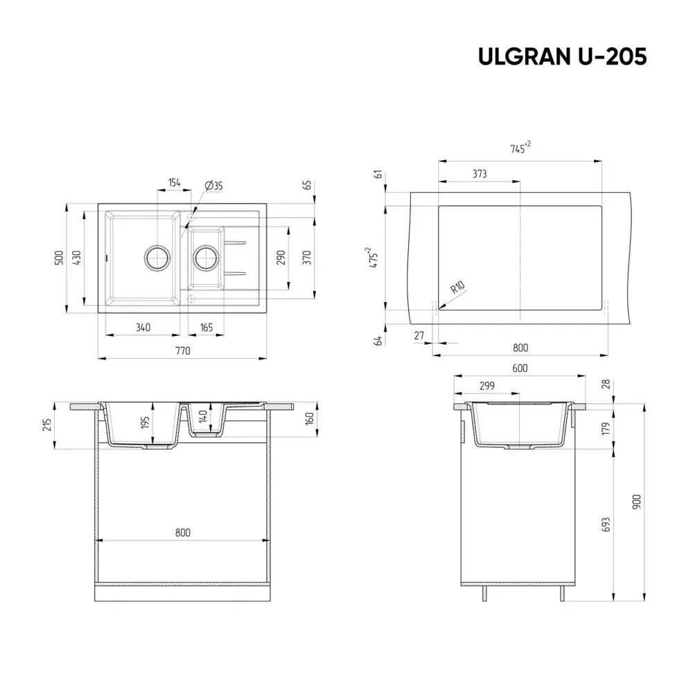 Фото 3 Мойка для кухни Ulgran U-205-342 цвет графитовый Фото 3 Мойка для кухни Ulgran U-205-342 цвет графитовый