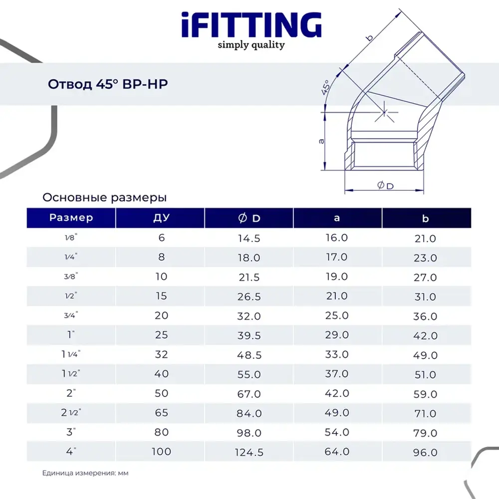 Фото Отвод 45° Ifitting MG-FEDM45 1"x1" ВР-НР нержавеющая сталь Фото Отвод 45° Ifitting MG-FEDM45 1"x1" ВР-НР нержавеющая сталь