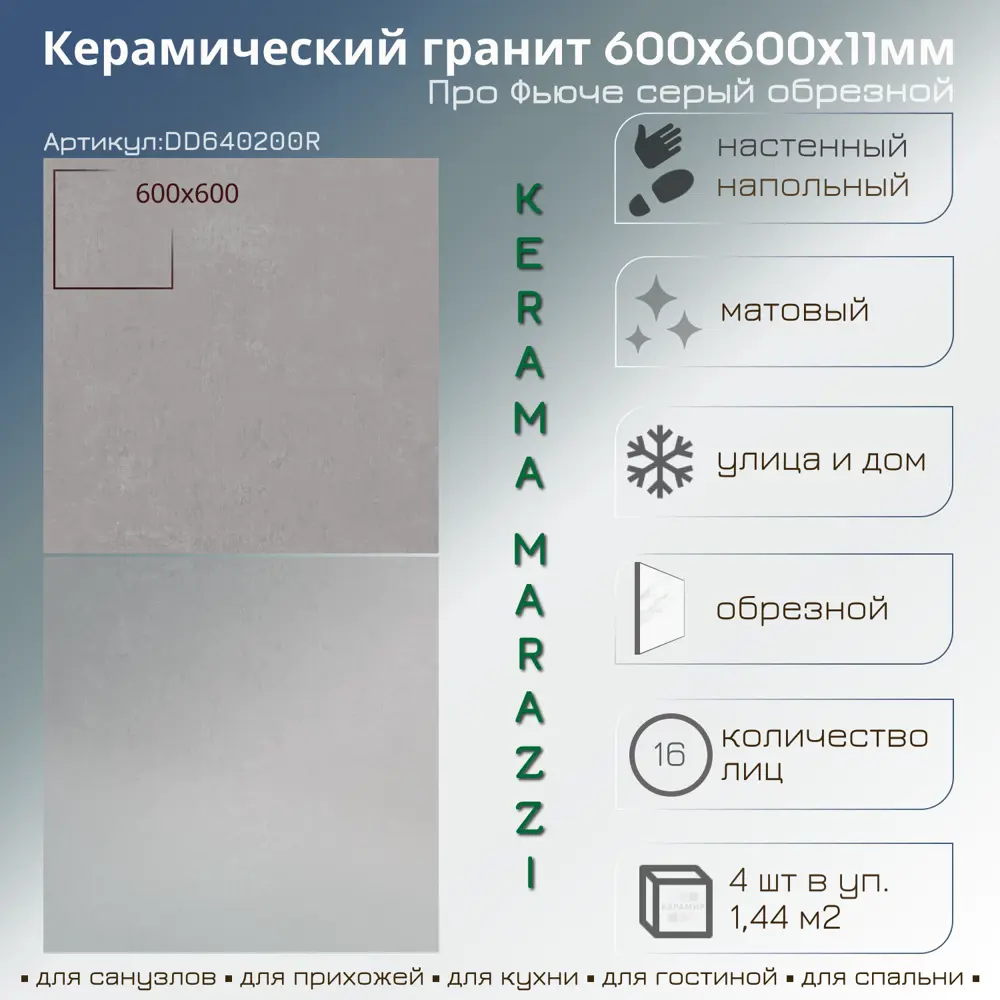 Фото 2 Керамогранит Kerama marazzi DD640200R 60x60см 1.44 м² цвет серый, цена за упаковку Фото 2 Керамогранит Kerama marazzi DD640200R 60x60см 1.44 м² цвет серый, цена за упаковку