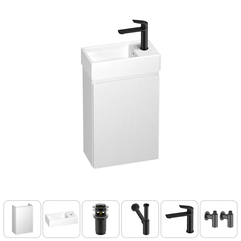 Фото Тумба с раковиной подвесная Wellsee WC Area 20216887R с донным клапаном, сифоном, смесителем и вентилями цвет белый Фото Тумба с раковиной подвесная Wellsee WC Area 20216887R с донным клапаном, сифоном, смесителем и вентилями цвет белый