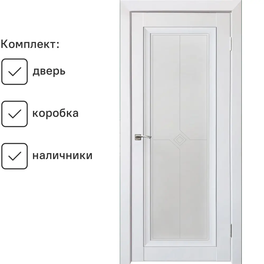 Фото Комплект межкомнатной двери Uberture Деканто 2 остеклённая 200x70см ПВХ цвет barhat white с коробом и наличниками Фото Комплект межкомнатной двери Uberture Деканто 2 остеклённая 200x70см ПВХ цвет barhat white с коробом и наличниками