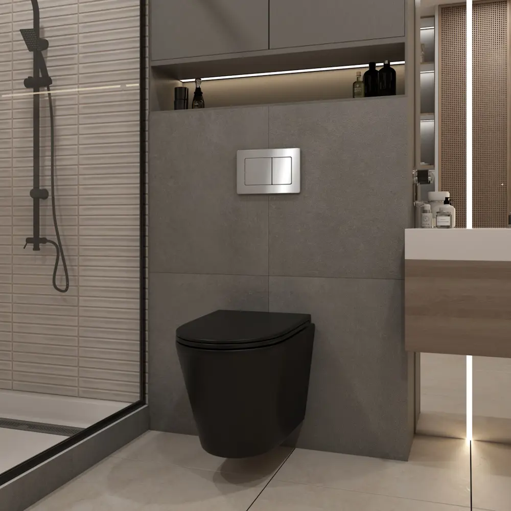 Фото 4 Комплект Teymi F13927 5 в 1 инсталляция с унитазом унитаз подвесной безободковый черный Solli Black кнопка нержавеющая сталь Фото 4 Комплект Teymi F13927 5 в 1 инсталляция с унитазом унитаз подвесной безободковый черный Solli Black кнопка нержавеющая сталь