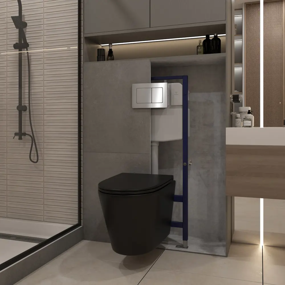 Фото 5 Комплект Teymi F13927 5 в 1 инсталляция с унитазом унитаз подвесной безободковый черный Solli Black кнопка нержавеющая сталь Фото 5 Комплект Teymi F13927 5 в 1 инсталляция с унитазом унитаз подвесной безободковый черный Solli Black кнопка нержавеющая сталь