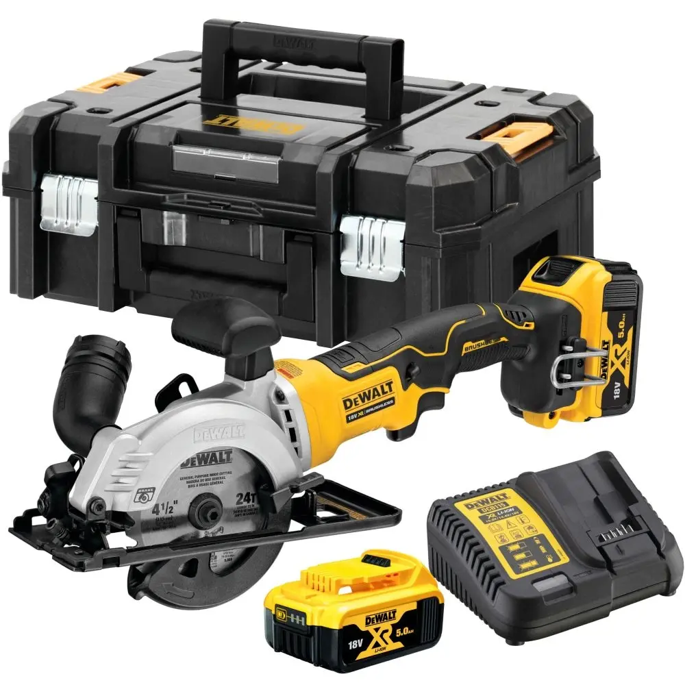 Фото Пила циркулярная аккумуляторная бесщеточная Dewalt DCS571P2T, 18 В Li-Ion 2x5 Ач, 115 мм Фото Пила циркулярная аккумуляторная бесщеточная Dewalt DCS571P2T, 18 В Li-Ion 2x5 Ач, 115 мм