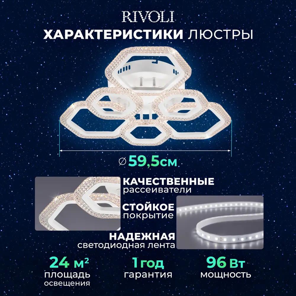 Фото 3 Люстра потолочная светодиодная Rivoli Б0060848 с пультом управления 24 м² регулируемый белый свет цвет белый